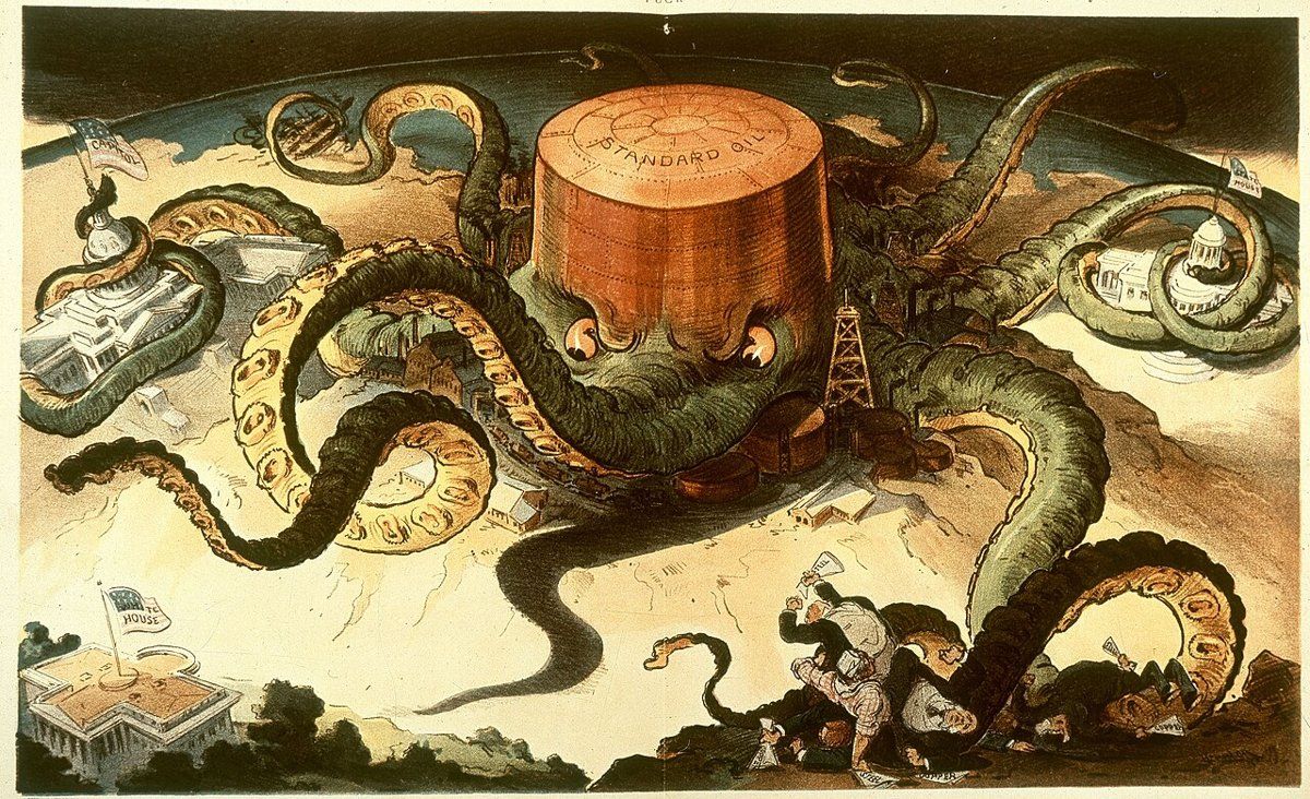 Dessin de presse de 1904 : la Standard Oil en pieuvre dont les tentacules enserrent l’industrie et le Capitole.